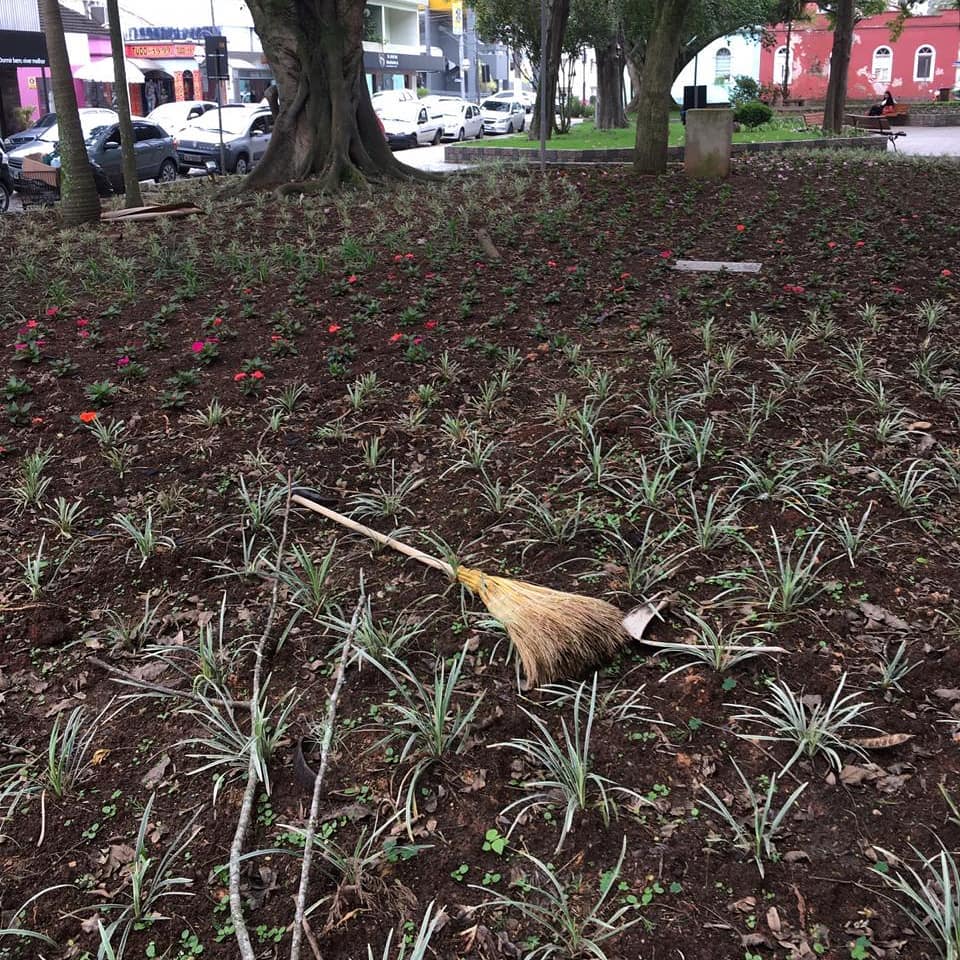 Vassoura caída entre canteiros de flores em praça pública